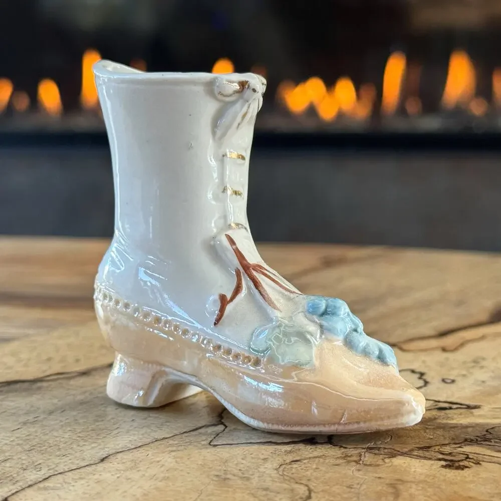 Antique Victorian German Lustreware Porcelain Lace Up Boot w/ Grape Bunches, 3